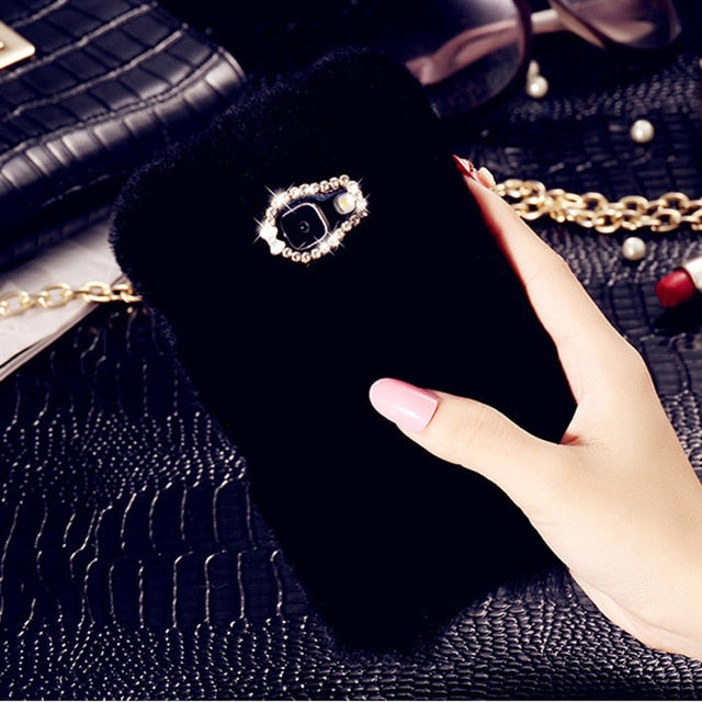 Cute Fur Fluffy Phone Case For Samsung Galaxy S7 edge S10e S9 Plus Luxury Diamond Back Shell For Samsung S10 S8 Protective Cover