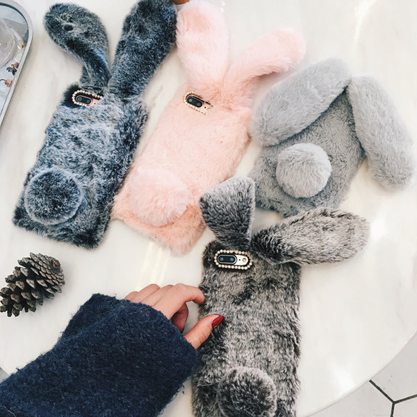 Cute 3D Rabbit Ears Fur Plush diamond Phone Case For Samsung Galaxy J3 J5 J7 A3 A5 A7 2017 J8 J4 J6 A6 A8 Plus 2018 Case Cover