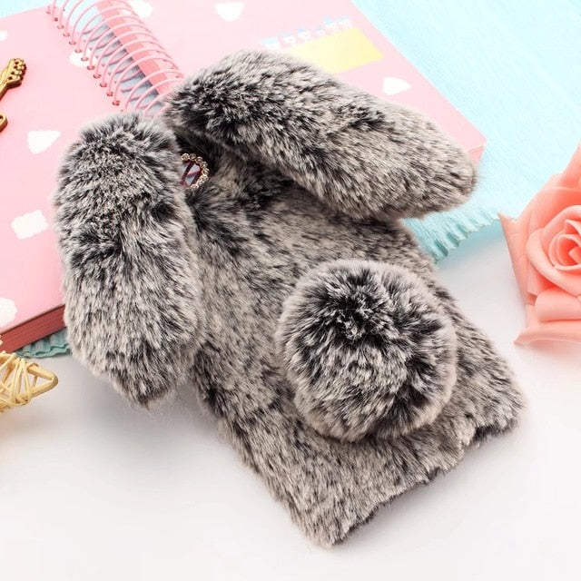 Cute 3D Rabbit Ears Fur Plush diamond Phone Case For Samsung Galaxy J3 J5 J7 A3 A5 A7 2017 J8 J4 J6 A6 A8 Plus 2018 Case Cover