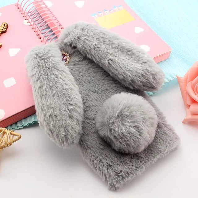 Cute 3D Rabbit Ears Fur Plush diamond Phone Case For Samsung Galaxy J3 J5 J7 A3 A5 A7 2017 J8 J4 J6 A6 A8 Plus 2018 Case Cover