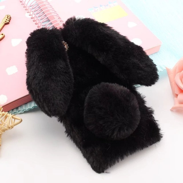 Cute 3D Rabbit Ears Fur Plush diamond Phone Case For Samsung Galaxy J3 J5 J7 A3 A5 A7 2017 J8 J4 J6 A6 A8 Plus 2018 Case Cover