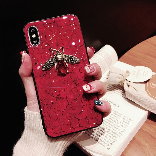 Luxury Glitter Green Diamond Crack Marble Phone Case For iphone 8 7 Plus 6 S 6s Bling Bee With Wing Cover for iphone XS MAX XR X