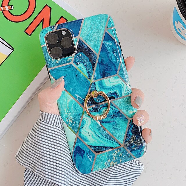 LACK Phone Case For iPhone 11 11Pro Max XR X XS Max 6 6S 7 8Plus Luxury Plating Line Geometric Marble Diamond Ring Stand Cover