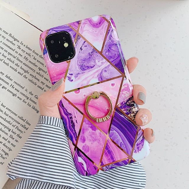 LACK Phone Case For iPhone 11 11Pro Max XR X XS Max 6 6S 7 8Plus Luxury Plating Line Geometric Marble Diamond Ring Stand Cover