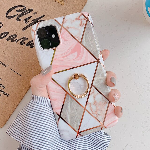 LACK Phone Case For iPhone 11 11Pro Max XR X XS Max 6 6S 7 8Plus Luxury Plating Line Geometric Marble Diamond Ring Stand Cover
