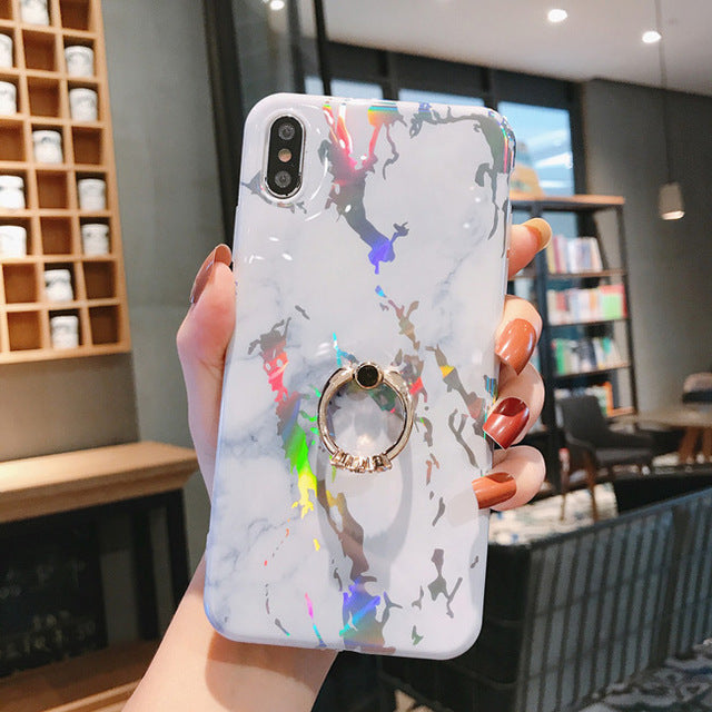 LACK Phone Case For iPhone 11 11Pro Max XR X XS Max 6 6S 7 8Plus Luxury Plating Line Geometric Marble Diamond Ring Stand Cover