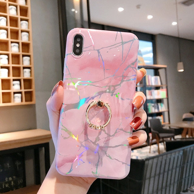 LACK Phone Case For iPhone 11 11Pro Max XR X XS Max 6 6S 7 8Plus Luxury Plating Line Geometric Marble Diamond Ring Stand Cover