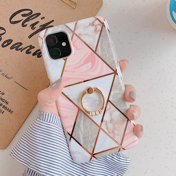 LACK Phone Case For iPhone 11 11Pro Max XR X XS Max 6 6S 7 8Plus Luxury Plating Line Geometric Marble Diamond Ring Stand Cover