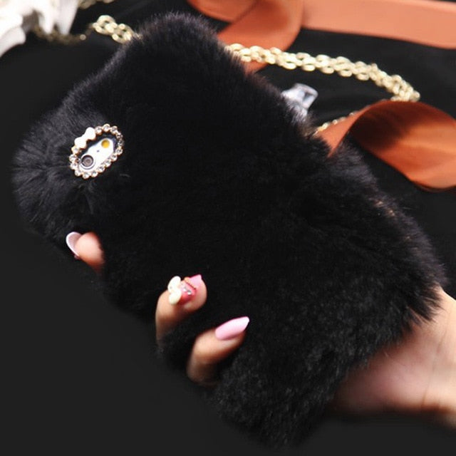 L-FADNUT Cute Fur Fluffy Phone Case For iPhone X Xr Xs 11 Pro Max 5 5S SE Luxury Diamond Back Shell For 6S 6 7 8 Plus Girl Cover