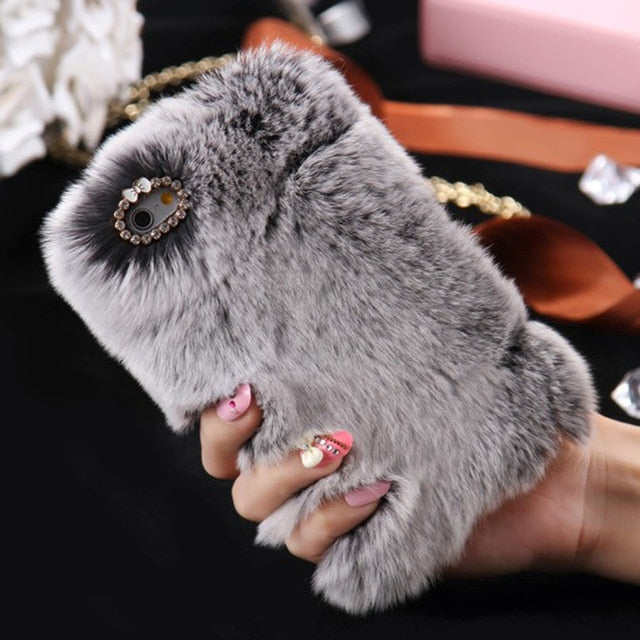 L-FADNUT Cute Fur Fluffy Phone Case For iPhone X Xr Xs 11 Pro Max 5 5S SE Luxury Diamond Back Shell For 6S 6 7 8 Plus Girl Cover