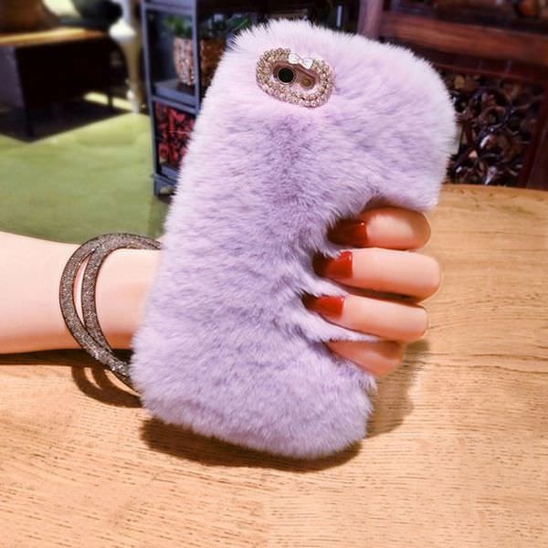 L-FADNUT Cute Fur Fluffy Phone Case For iPhone X Xr Xs 11 Pro Max 5 5S SE Luxury Diamond Back Shell For 6S 6 7 8 Plus Girl Cover