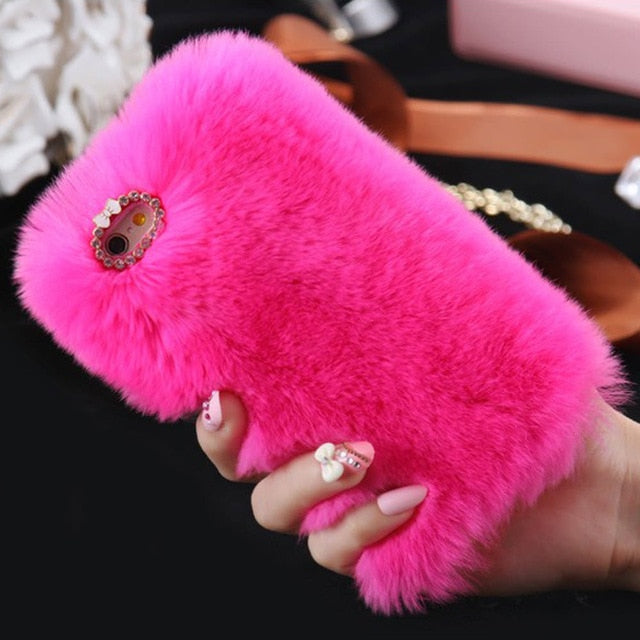 L-FADNUT Cute Fur Fluffy Phone Case For iPhone X Xr Xs 11 Pro Max 5 5S SE Luxury Diamond Back Shell For 6S 6 7 8 Plus Girl Cover