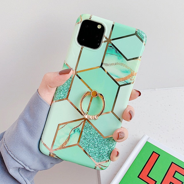 LACK Phone Case For iPhone 11 11Pro Max XR X XS Max 6 6S 7 8Plus Luxury Plating Line Geometric Marble Diamond Ring Stand Cover