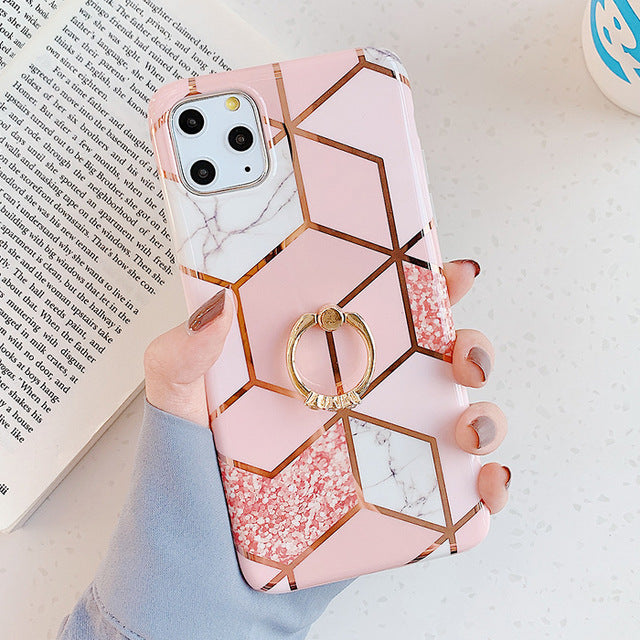 LACK Phone Case For iPhone 11 11Pro Max XR X XS Max 6 6S 7 8Plus Luxury Plating Line Geometric Marble Diamond Ring Stand Cover