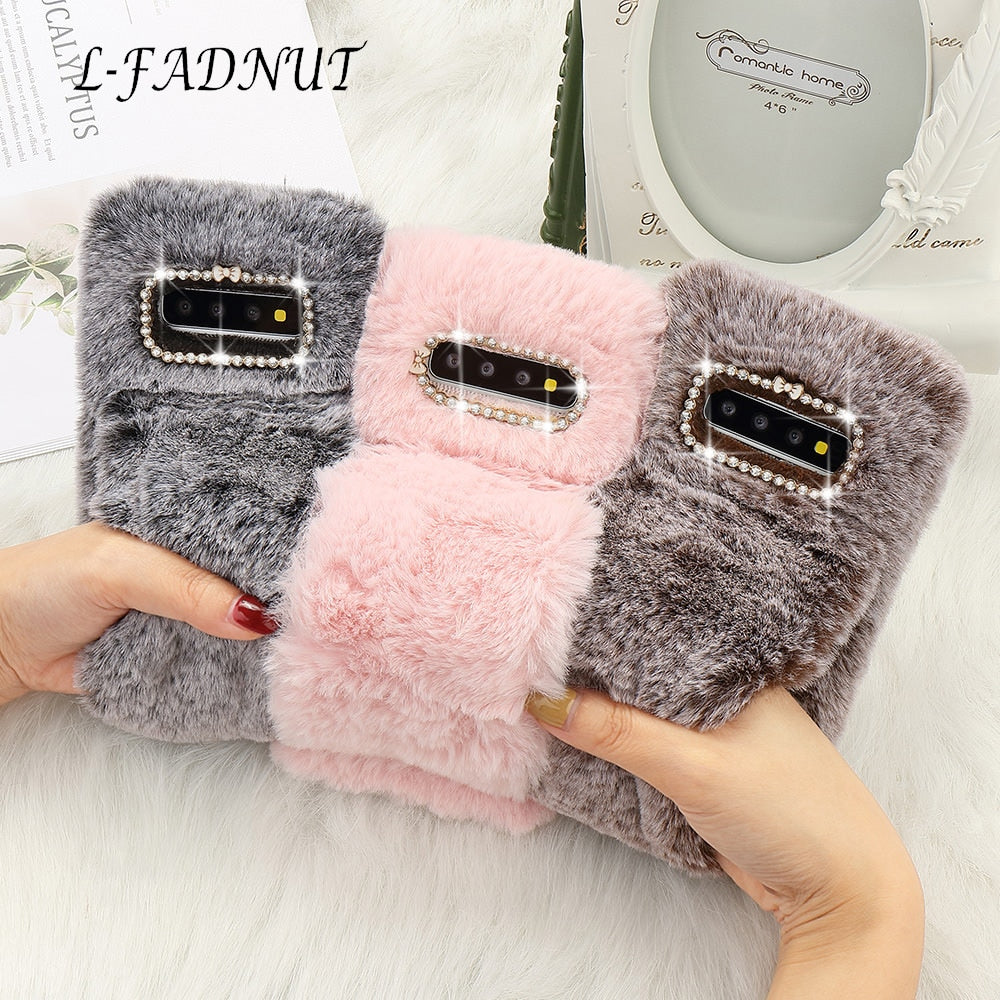 L-FADNUT Plush Fur Bracelet Fluffy Phone Case For Samsung Galaxy Note8 Note9 S10e S7 edge S9 Plus S9 S8 Bumper Diamond Cover