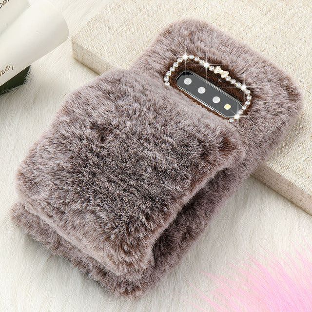 L-FADNUT Plush Fur Bracelet Fluffy Phone Case For Samsung Galaxy Note8 Note9 S10e S7 edge S9 Plus S9 S8 Bumper Diamond Cover