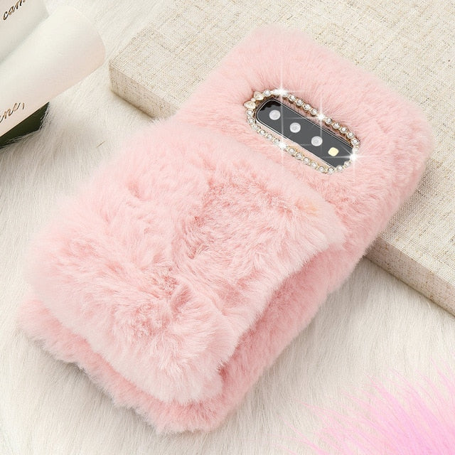 L-FADNUT Plush Fur Bracelet Fluffy Phone Case For Samsung Galaxy Note8 Note9 S10e S7 edge S9 Plus S9 S8 Bumper Diamond Cover