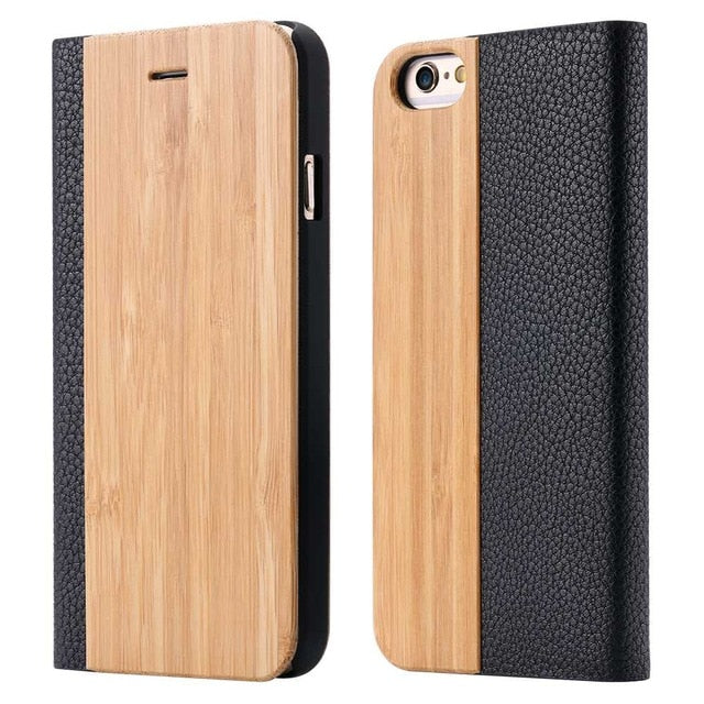 Wood Soft PU Wallet Case For iPhone 11 8 7 6S 6 Plus Genuine Bamboo Flip Leather Stand Case For iPhone XR XS 11 Pro Max X Cover