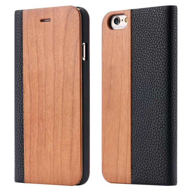 Wood Soft PU Wallet Case For iPhone 11 8 7 6S 6 Plus Genuine Bamboo Flip Leather Stand Case For iPhone XR XS 11 Pro Max X Cover