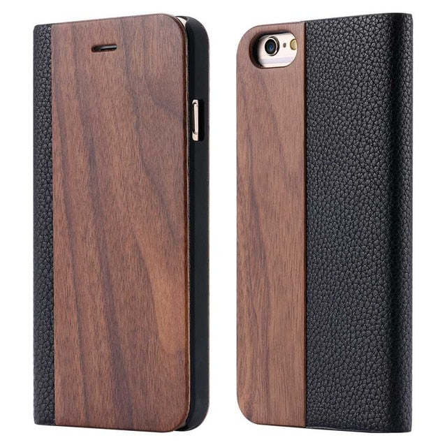 Wood Soft PU Wallet Case For iPhone 11 8 7 6S 6 Plus Genuine Bamboo Flip Leather Stand Case For iPhone XR XS 11 Pro Max X Cover