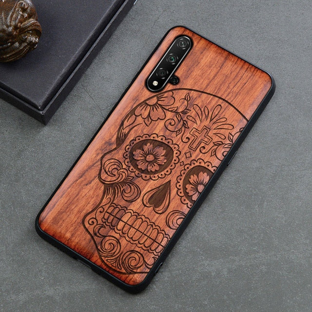 New Carved Skull Elephant Wood Phone Case For Huawei Honor 20 Pro Honor 10 9x 8x Honor View 20 10 Silicon Wooden Case Cover