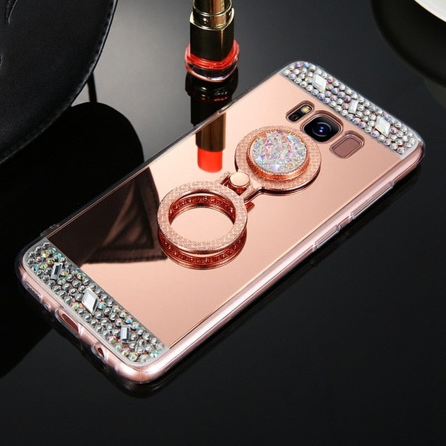 Diamond Phone Case For Samsung A50 J3 J5 J7 A10 A20 A30 A70 M10 M20 Mirror Plated cover For Samsung S10 S8 S7 S6Edge Ring Holder
