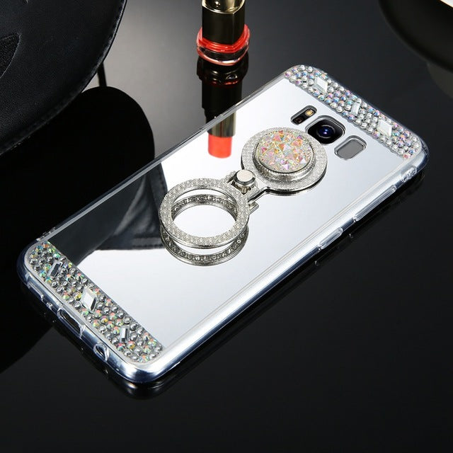 Diamond Phone Case For Samsung A50 J3 J5 J7 A10 A20 A30 A70 M10 M20 Mirror Plated cover For Samsung S10 S8 S7 S6Edge Ring Holder