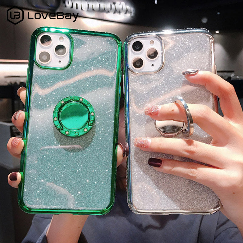 Lovebay Diamond Jewelled Holder Phone Case For iPhone 11 Pro 7 8 6 6s Plus X XR XS Max 11 Glitter Paper Ring Soft TPU Back Cover