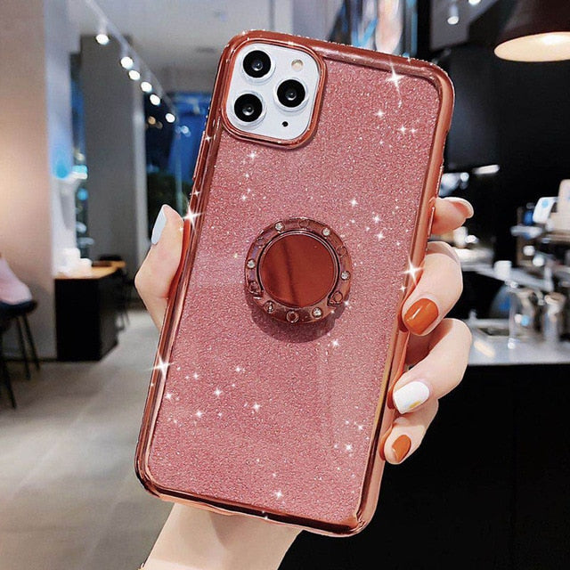 Lovebay Diamond Jewelled Holder Phone Case For iPhone 11 Pro 7 8 6 6s Plus X XR XS Max 11 Glitter Paper Ring Soft TPU Back Cover