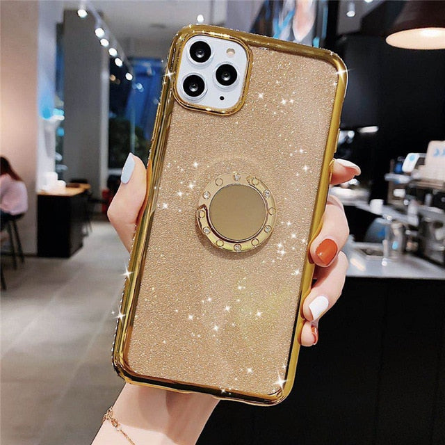 Lovebay Diamond Jewelled Holder Phone Case For iPhone 11 Pro 7 8 6 6s Plus X XR XS Max 11 Glitter Paper Ring Soft TPU Back Cover