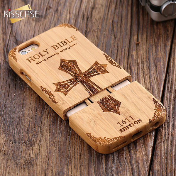 KISSCASE Retro Natural Wood Compact Case For iPhone 6 6s Plus 100% Bamboo Engraved Wolf Cross Capa For Samsung S6 S7 Edge Shells