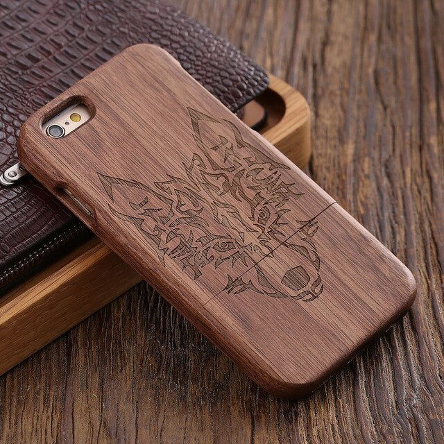 KISSCASE Retro Natural Wood Compact Case For iPhone 6 6s Plus 100% Bamboo Engraved Wolf Cross Capa For Samsung S6 S7 Edge Shells