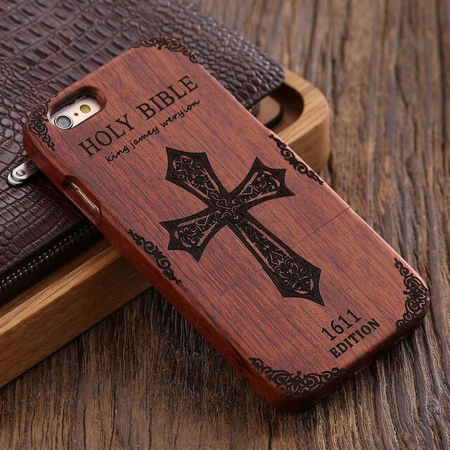KISSCASE Retro Natural Wood Compact Case For iPhone 6 6s Plus 100% Bamboo Engraved Wolf Cross Capa For Samsung S6 S7 Edge Shells