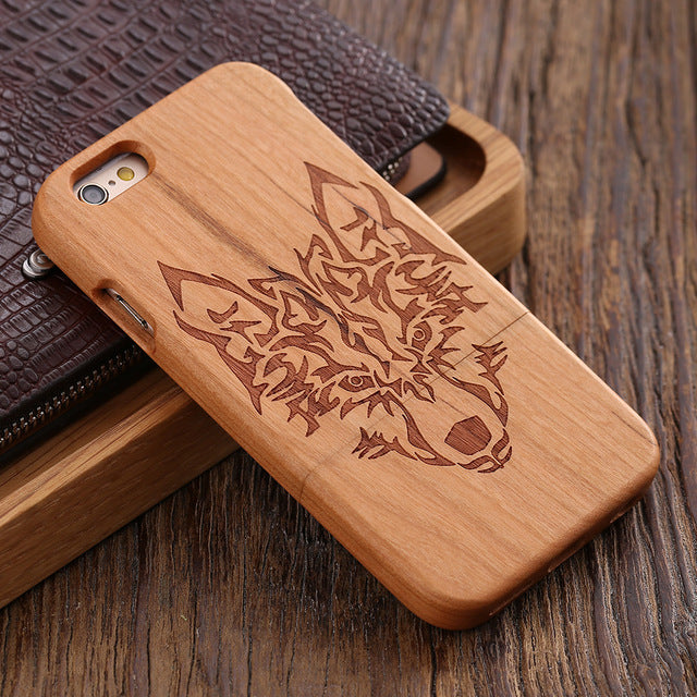 KISSCASE Retro Natural Wood Compact Case For iPhone 6 6s Plus 100% Bamboo Engraved Wolf Cross Capa For Samsung S6 S7 Edge Shells