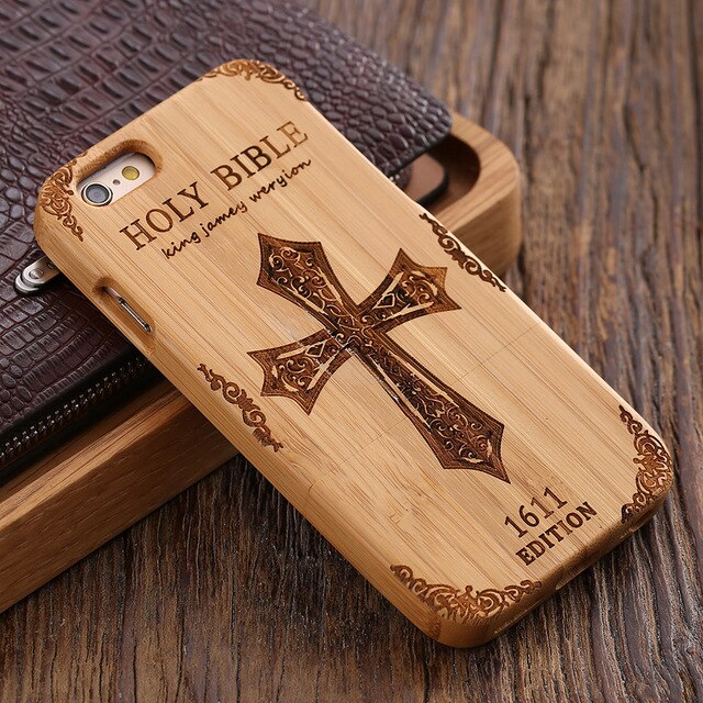 KISSCASE Retro Natural Wood Compact Case For iPhone 6 6s Plus 100% Bamboo Engraved Wolf Cross Capa For Samsung S6 S7 Edge Shells