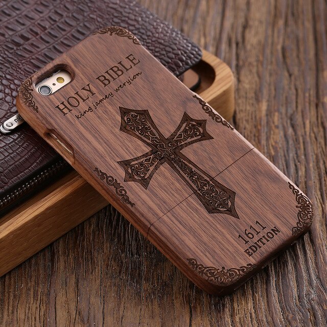 KISSCASE Retro Natural Wood Compact Case For iPhone 6 6s Plus 100% Bamboo Engraved Wolf Cross Capa For Samsung S6 S7 Edge Shells